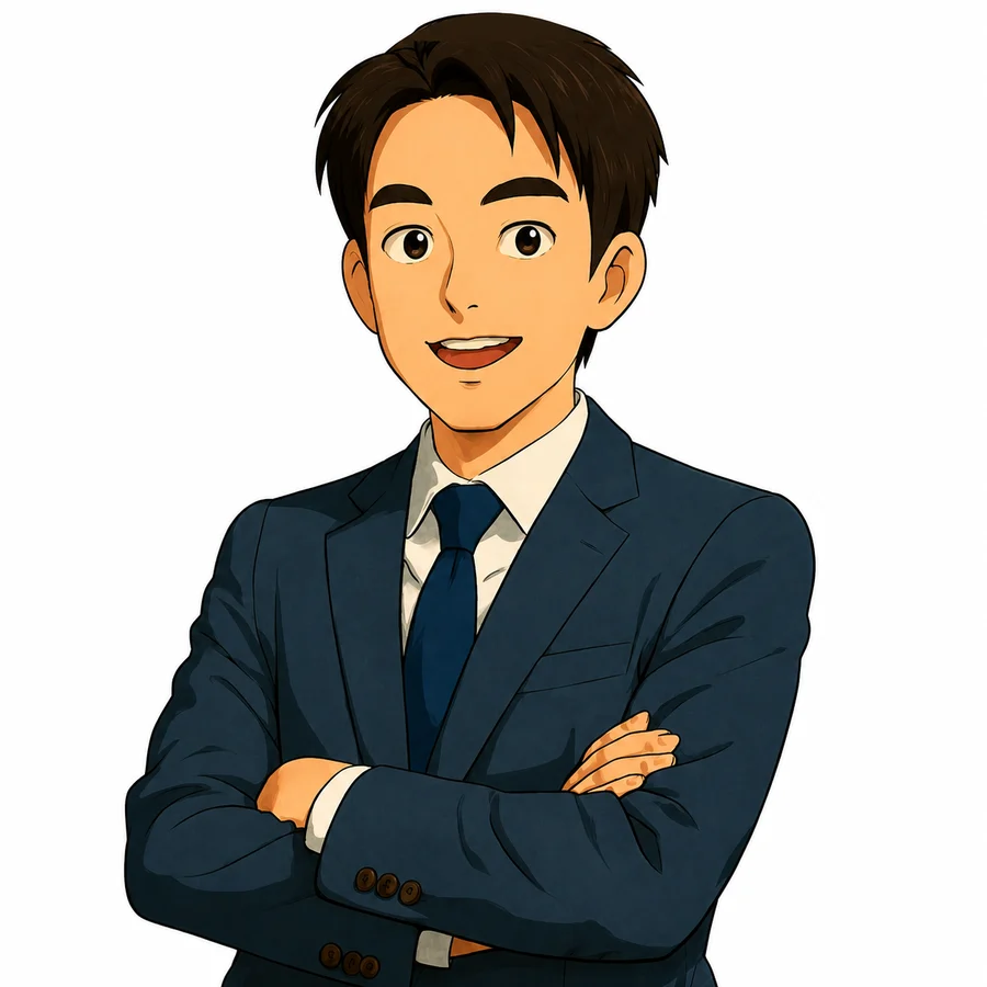 팔짱을 끼고 웃고 있는 네이비 수트 차림의 정선생님 일러스트